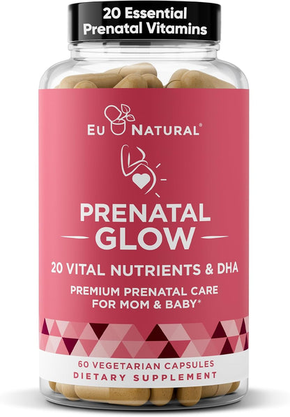 Eu Natural Glow Prenatal Vitamins for Women – 20-in-1 Multivitamin with Folate & Vegan DHA – 60 Vegetarian Capsules