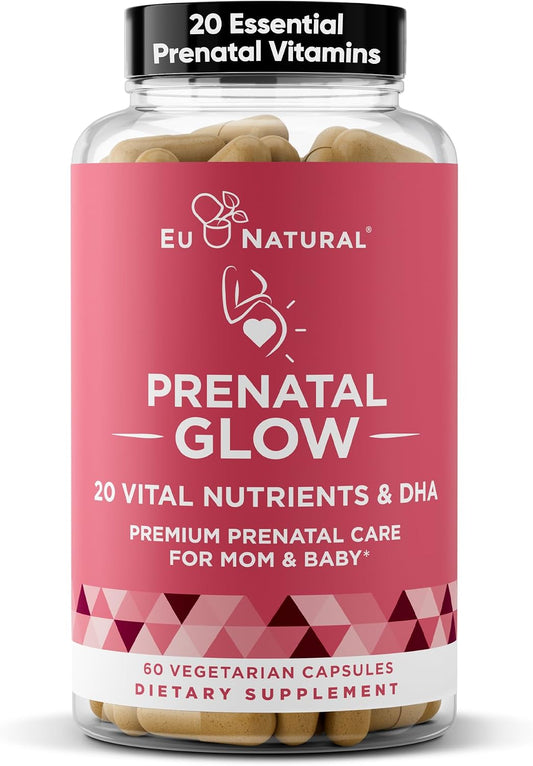 Eu Natural Glow Prenatal Vitamins for Women – 20-in-1 Multivitamin with Folate & Vegan DHA – 60 Vegetarian Capsules