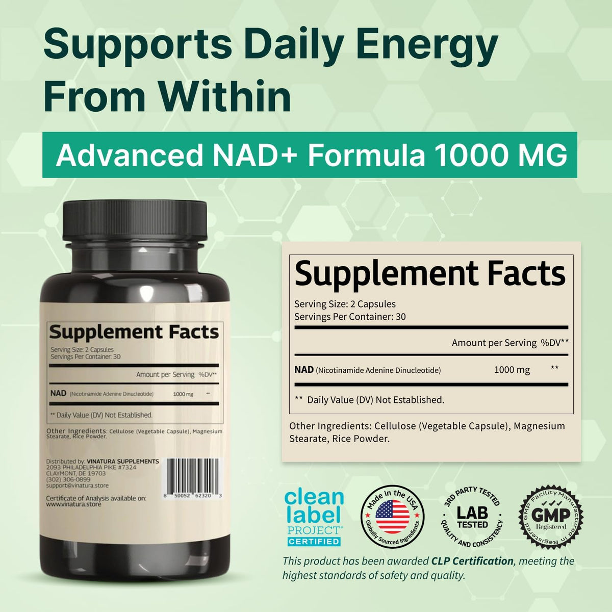 VINATURA NAD Supplement 1000mg - Pure NAD+ for Cellular Health - görsel 2