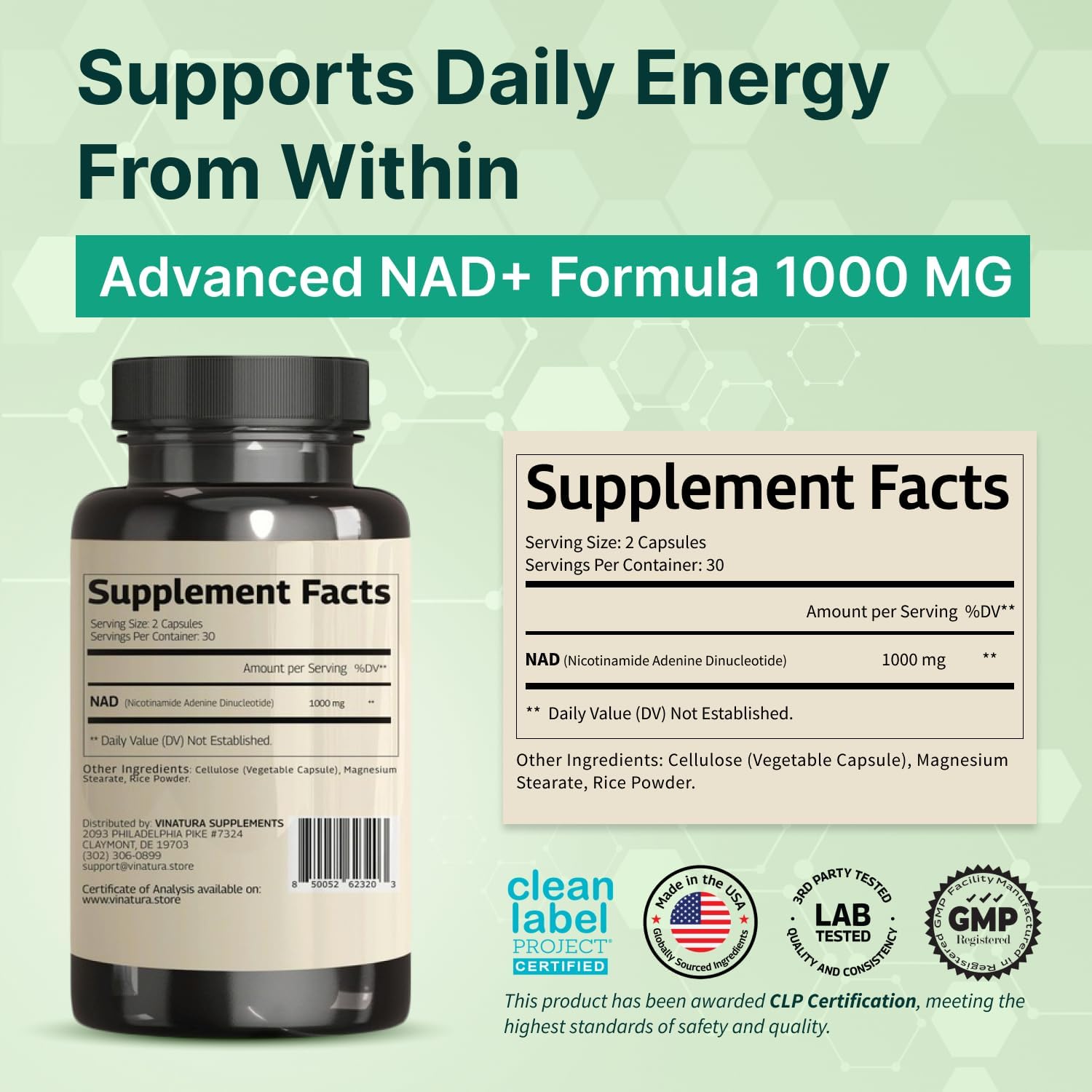 VINATURA NAD Supplement 1000mg - Pure NAD+ for Cellular Health - görsel 2