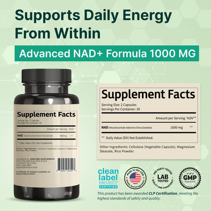 VINATURA NAD Supplement 1000mg - Pure NAD+ for Cellular Health
