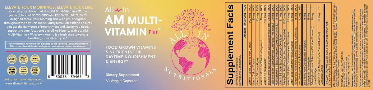 All In Nutritionals AM Multivitamin +: Vegan, Food-Based Multivitamin with Vitamin D3, K2, B12, Iron and Ionic Fulvic Acid - görsel 2