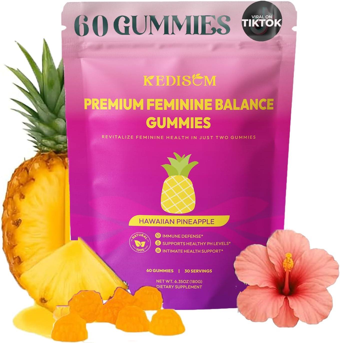 KEDISOM Premium Feminine Balance Gummies – Women's Health & Wellbeing – Hawaiian Pineapple (60 Gummies) - görsel 1