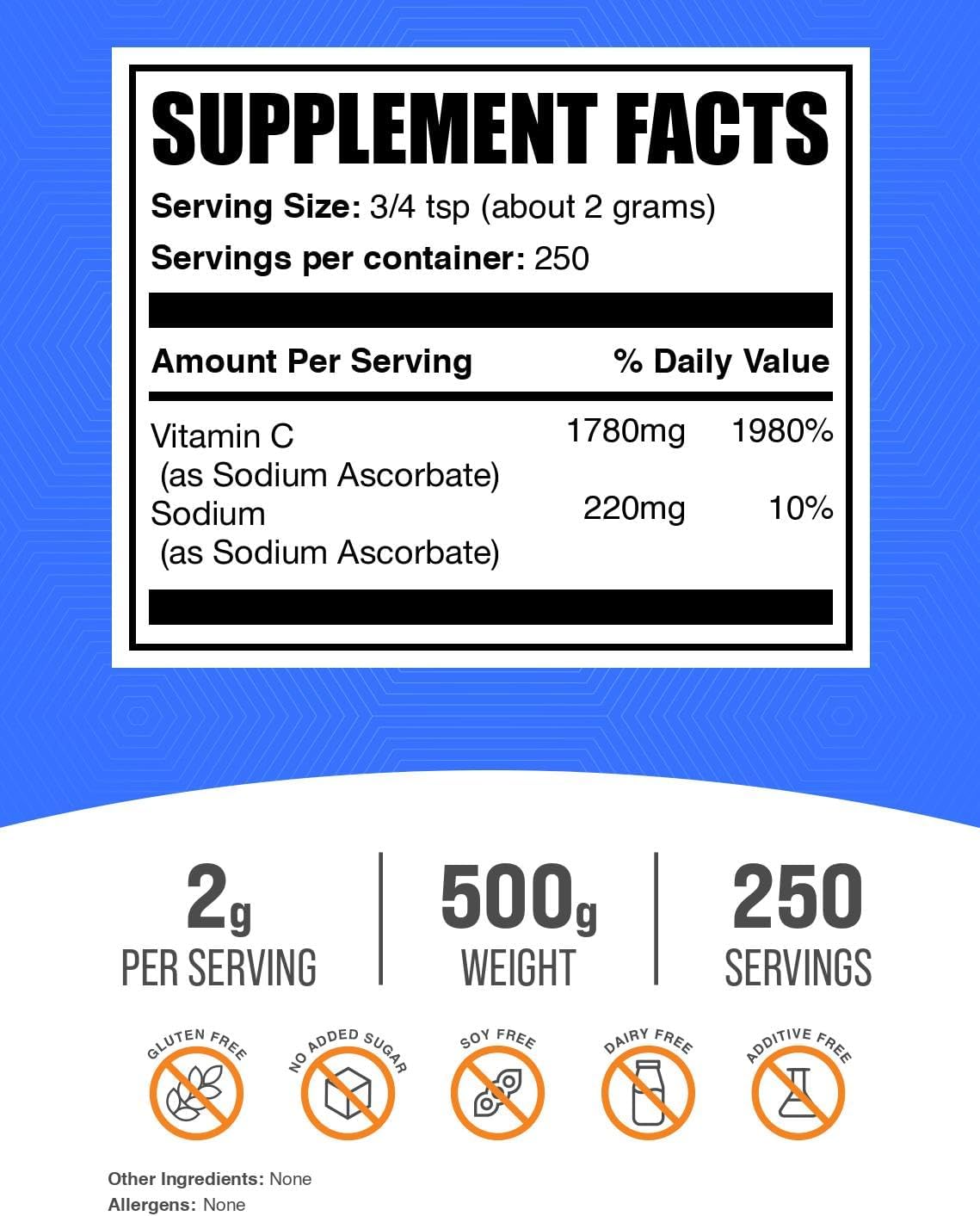 Sodium Ascorbate Powder (Buffered Vitamin C) - 500g by BulkSupplements - görsel 2