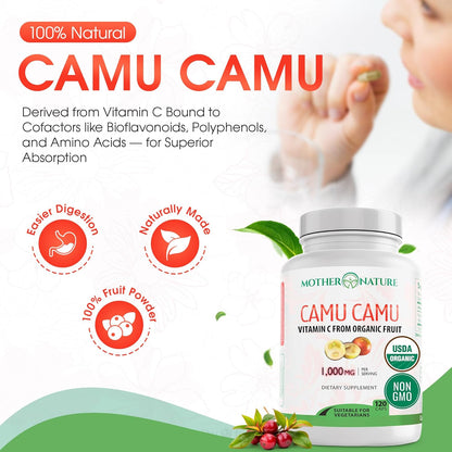 MNO Organic Camu Camu Vitamin C 1000mg, Wholefood Immune Support, 120 Capsules
