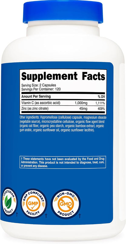Nutricost Vitamin C with Zinc Capsules - 1000mg Vitamin C & 45mg Zinc, Non-GMO, Gluten-free, 3 Pack