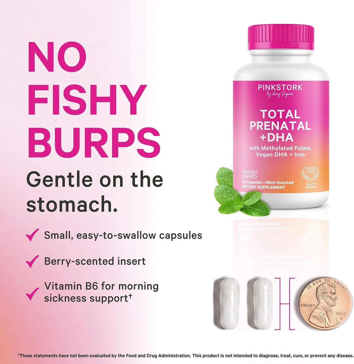 Pink Stork Total Prenatal Vitamins - 60 Capsules, Mint - Vegan DHA, Methylfolate, Iron, Choline - görsel 3