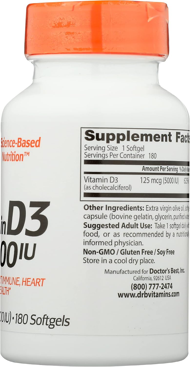 Doctor's Best Vitamin D3 5000IU, Non-GMO, 180 Soft gel capsule (Pack of 1) - görsel 4