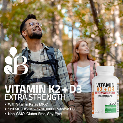 Bronson Vitamin K2 (MK-7) with D3 Extra Strength – 10,000 IU D3 & 120 mcg K2, 120 Capsules