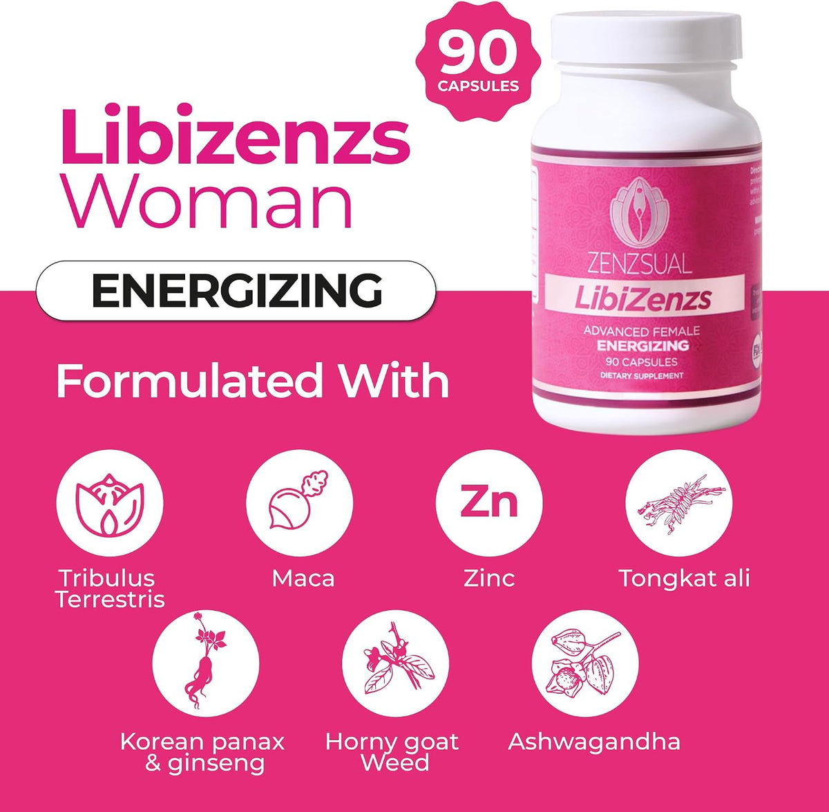 ZENZSUAL Libizenzs – Plant-Based Energy Support for Women – Caffeine-Free with Maca Root, Ashwagandha & Ginseng – 90 Vegan Capsules - görsel 2