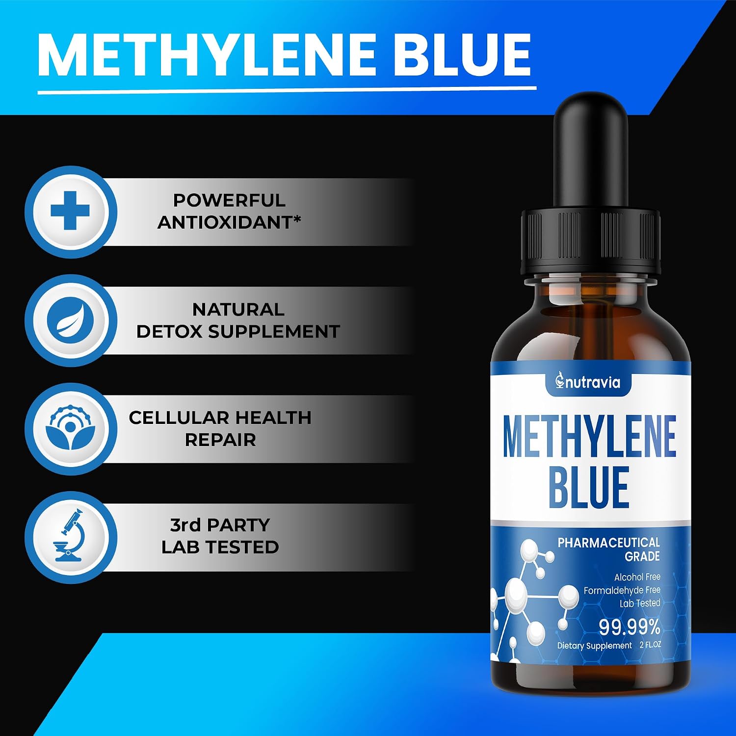 Nutravia Methylene Blue Pharmaceutical Grade – Lab Tested – USA-made – Liquid Drops (60ml) - görsel 4