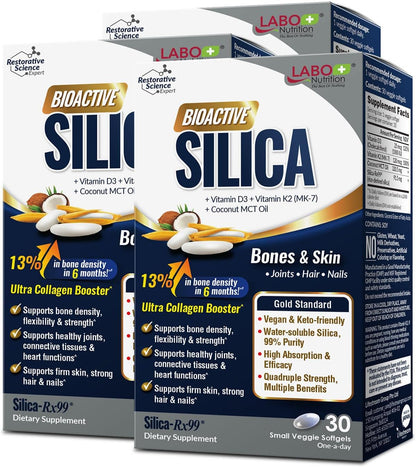 LABO Bioactive Silica 3-Pack – 99% Purity Rice-Derived Silica with Vitamin D3 & K2 for Bone Health, Joint Flexibility & Collagen Support – 90 Vegan Softgels