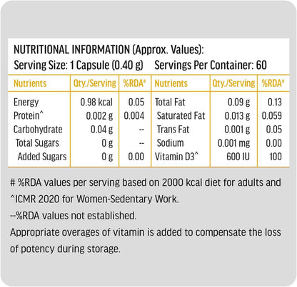 Vitamin D3 (600 IU) - 60 Capsules | with Sunflower Oil for Enhanced Absorption