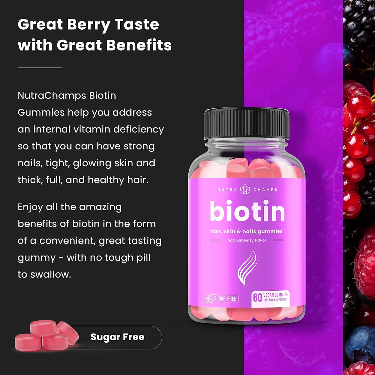 NutraChamps Sugar Free Biotin Gummies 10000mcg – High Potency for Hair, Skin & Nails, Vegan, Non-GM, Raspberry Flavour - görsel 5