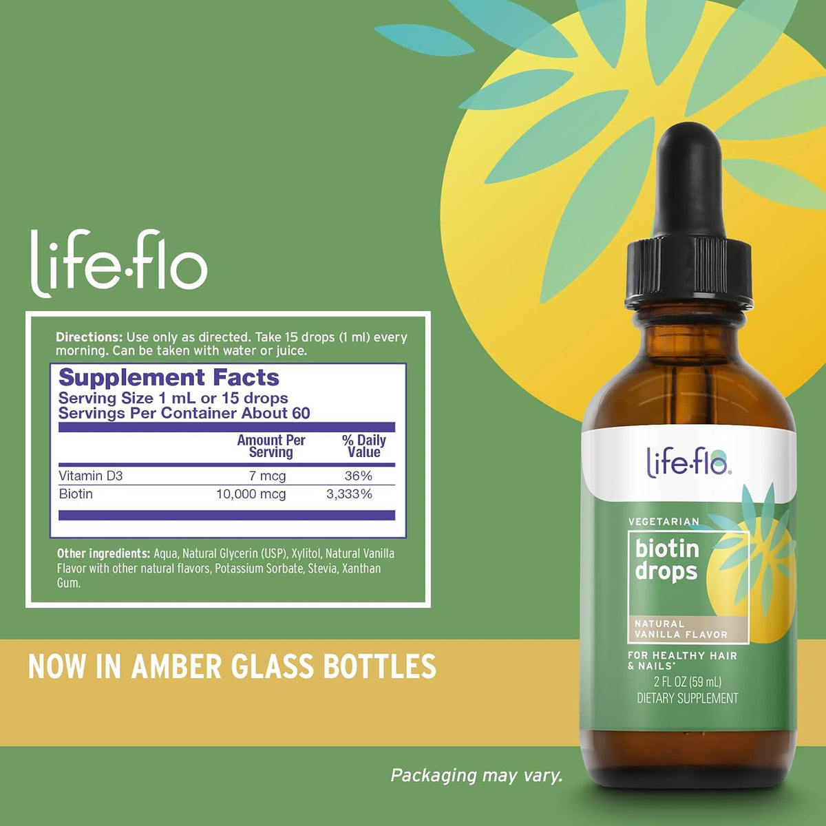 Life-Flo Biotin 10000mcg Drops with Vitamin D3, Liquid Supplement for Hair, Skin & Nails, Natural Vanilla, 60 ml - görsel 2