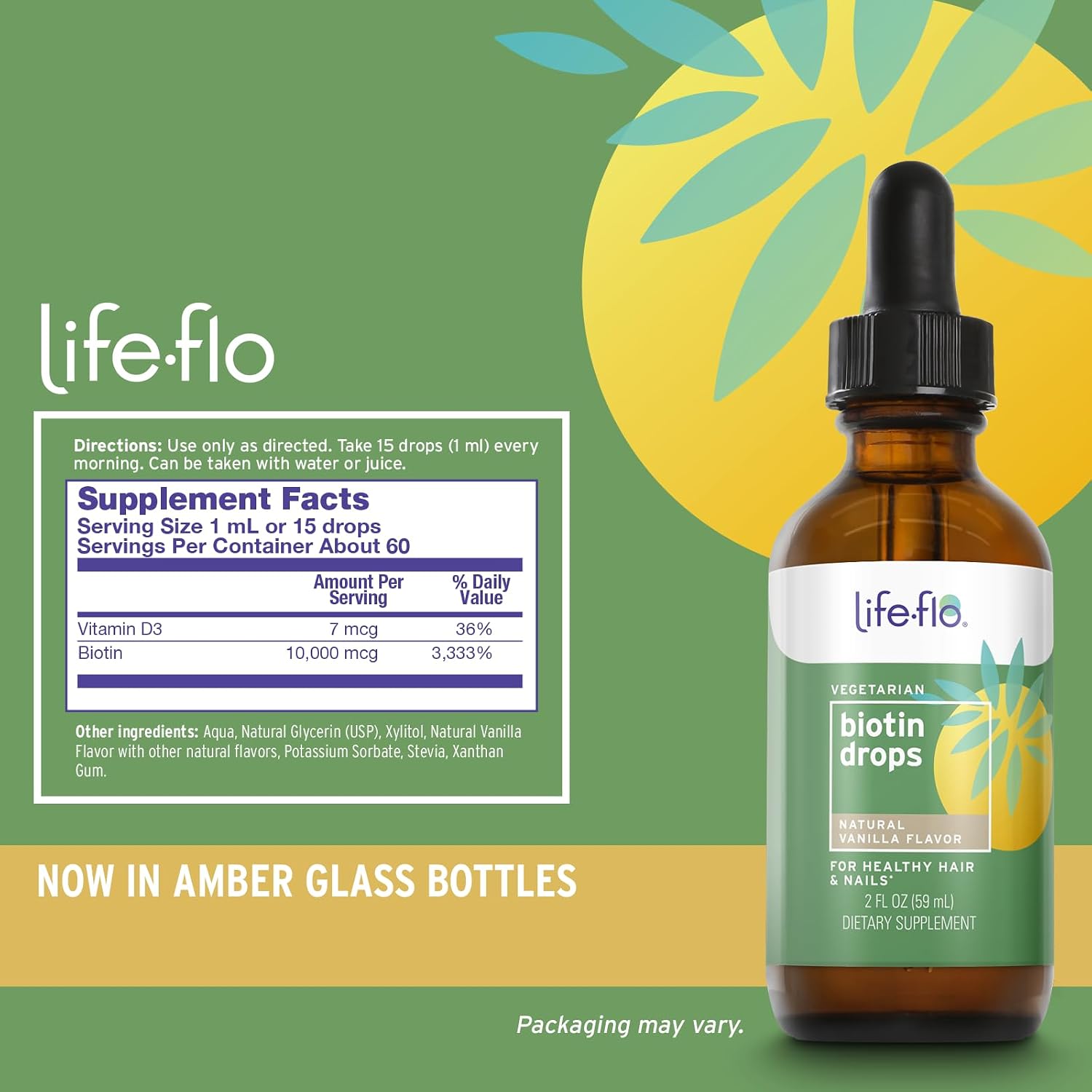 Life-Flo Biotin 10000mcg Drops with Vitamin D3, Liquid Supplement for Hair, Skin & Nails, Natural Vanilla, 60 ml - görsel 2
