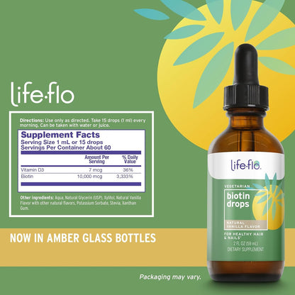 Life-Flo Biotin 10000mcg Drops with Vitamin D3, Liquid Supplement for Hair, Skin & Nails, Natural Vanilla, 60 ml