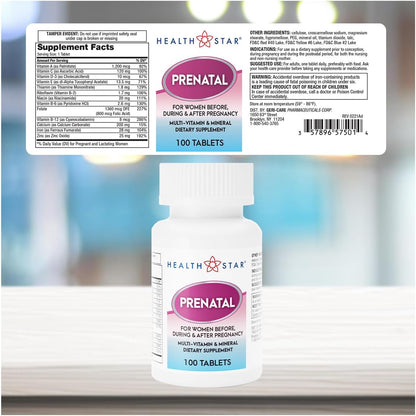 Prenatal Multivitamin by HealthStar for Healthy Mum and Baby - Folate + Vitamin C + Vitamin D + Iron + Calcium + B12 - 100 tablets
