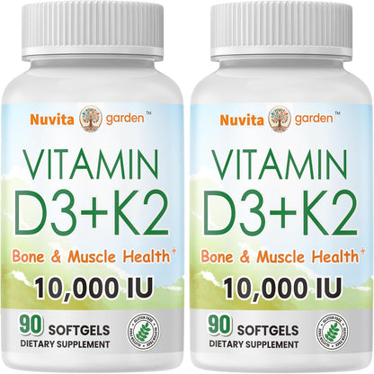 NoMiLu Vitamin D3 10000 IU + K2 (MK-7) 200 mcg - 2 Pack (180 Soft gel capsules)