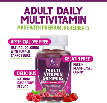 Nature's Nutrition Multivitamin Gummies for Adults with Vitamins A, C, D, B12 – 60 Gummies
