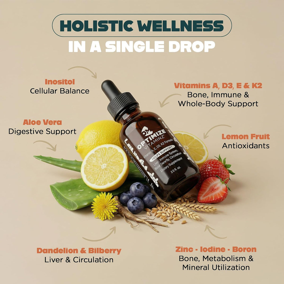 Optimise Vitaminz Liquid Vitamin D3 K2 Drops with Dandelion Root and Bilberry - görsel 7