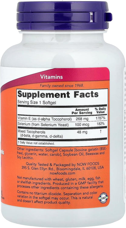 Now Foods E-400 D-Alpha with Mixed Tocopherols, 268 mg (400 IU), 100 Softgels