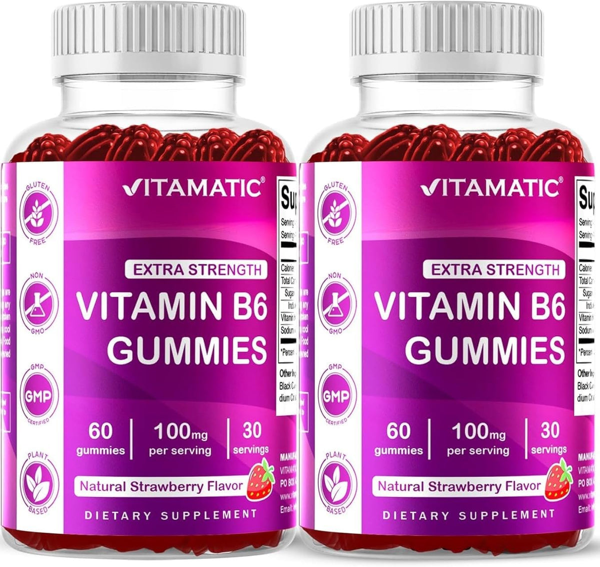Vitamatic Vitamin B6 100mg Gummies – Natural Strawberry Flavour – 2 Pack (60 Gummies per Bottle) - görsel 1
