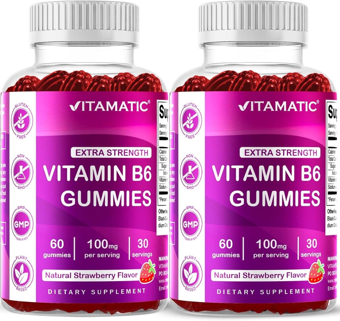 Vitamatic Vitamin B6 100mg Gummies – Natural Strawberry Flavour – 2 Pack (60 Gummies per Bottle) - görsel 1