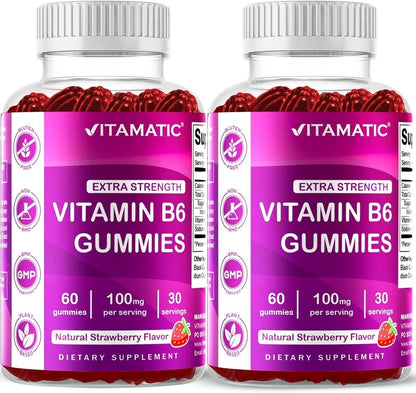 Vitamatic Vitamin B6 100mg Gummies - Berry Flavour - 60 Count (Pectin Based, Vegan, Non-GMO)