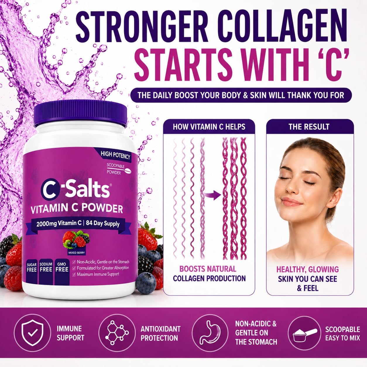 C-Salts Buffered Vitamin C Powder – Organic, Stomach-Friendly Vitamin C Drink – Mixed Berry, 227g (84 Servings) - görsel 8