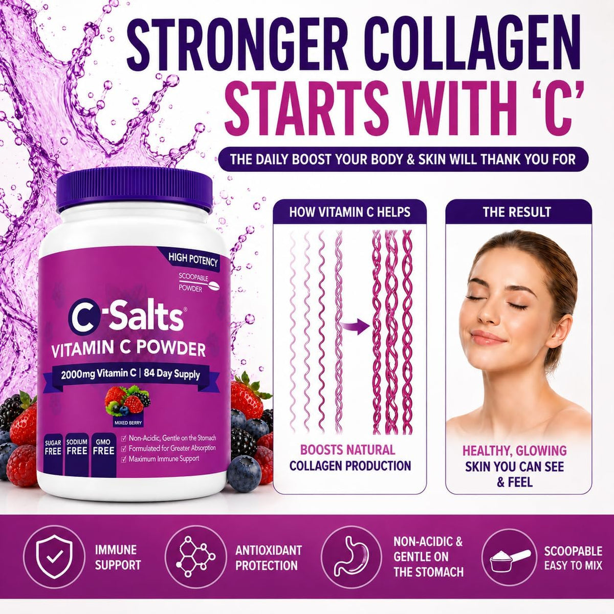 C-Salts Buffered Vitamin C Powder – Organic, Stomach-Friendly Vitamin C Drink – Mixed Berry, 227g (84 Servings) - görsel 8