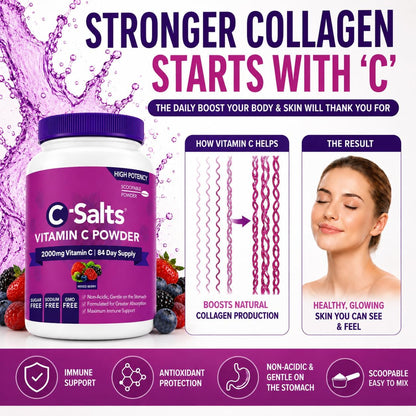 C-Salts Buffered Vitamin C Powder – Organic, Stomach-Friendly Vitamin C Drink – Mixed Berry, 227g (84 Servings)