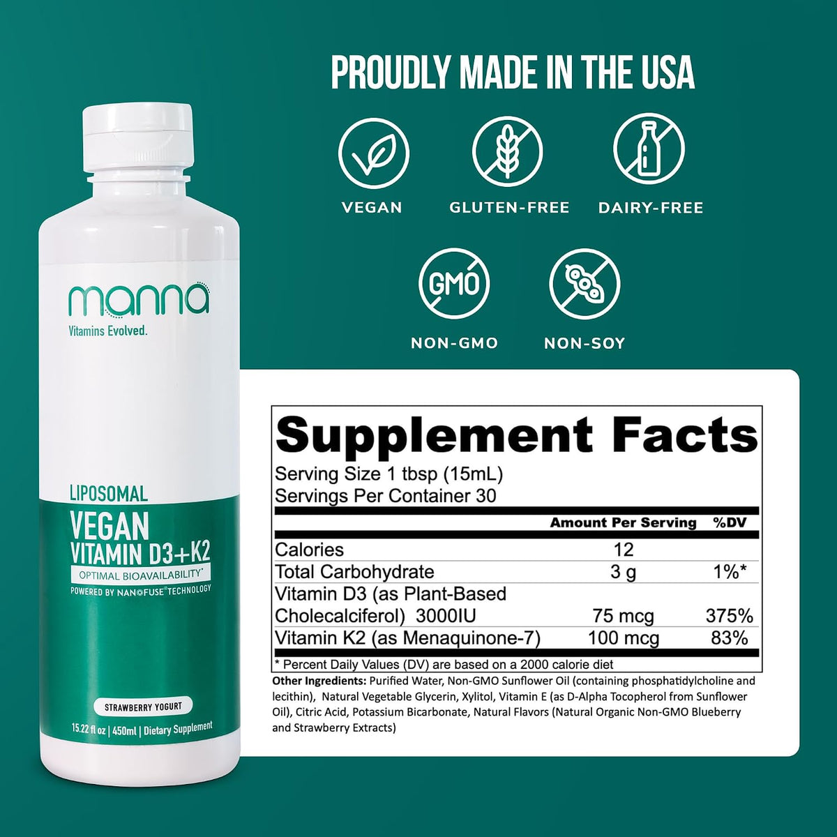 Manna Vitamins Evolved Liposomal Vegan K2 D3 Vitamin Supplement – Immune Support, Heart Health, Bone Strength - görsel 2