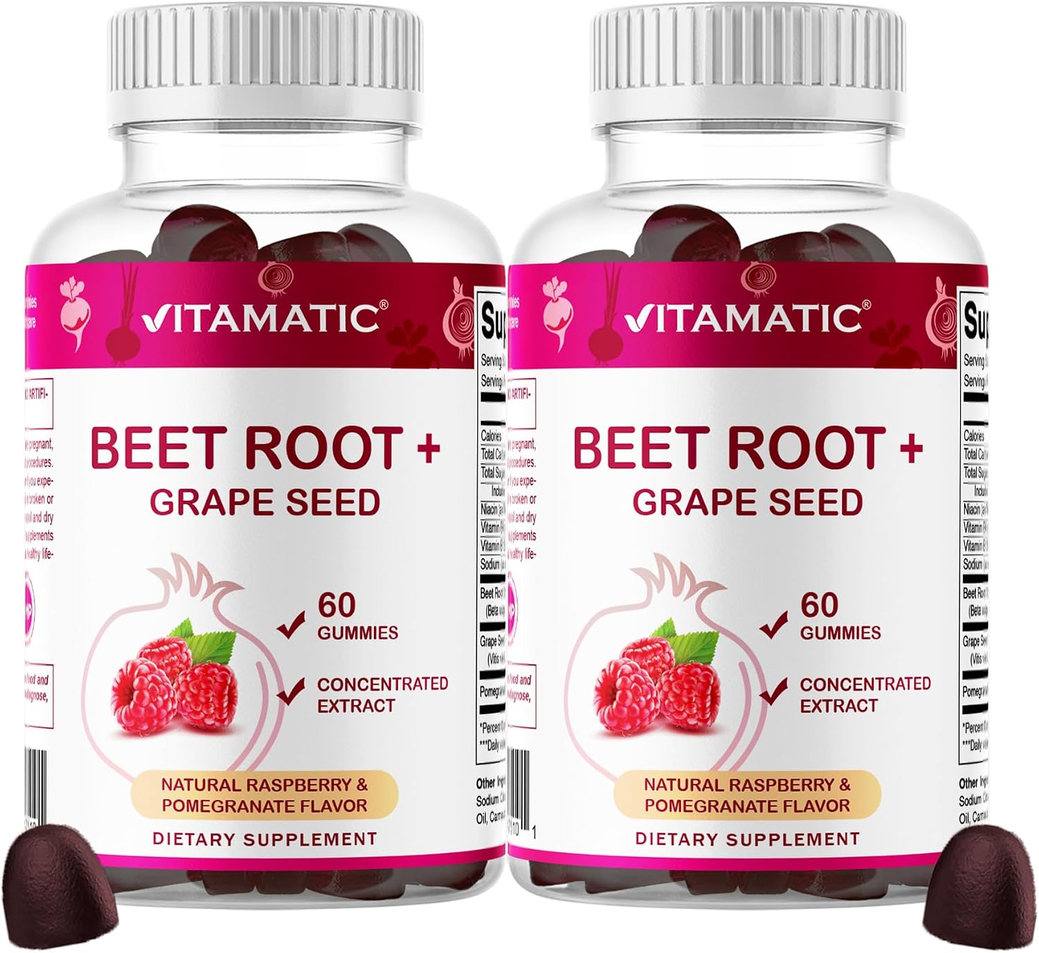 Vitamatic Beetroot Gummies with B6, B12, Grape Seed, Pomegranate & Niacin – Plant-Based Extract – Vegan, Non-GMO – 120 Count - görsel 1