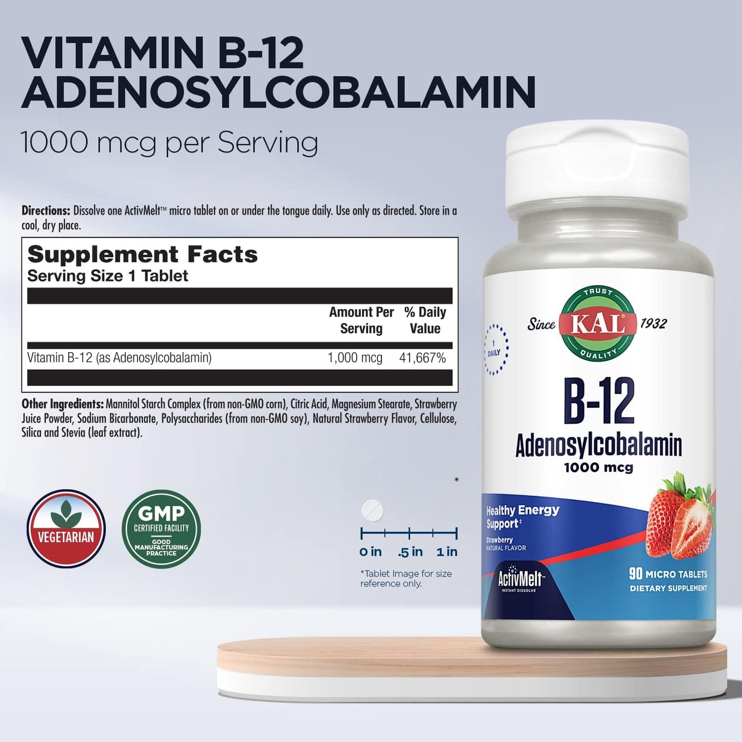 KAL Vitamin B12 Adenosylcobalamin 1000mcg - Strawberry Flavour - 90 ActiveMelt Micro Tablets - görsel 2