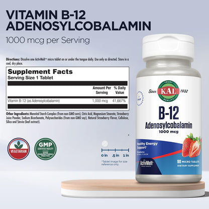KAL Vitamin B12 Adenosylcobalamin 1000mcg - Strawberry Flavour - 90 ActiveMelt Micro Tablets