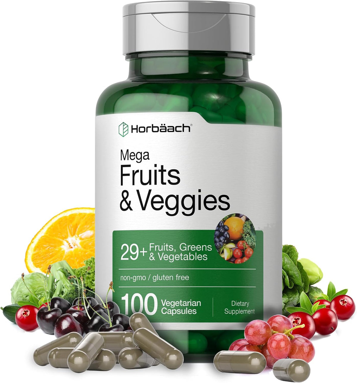 Horbäach Mega Fruits and Veggies Supplement | 100 Capsules | Vegetarian, Non-GM and Gluten-free - görsel 1