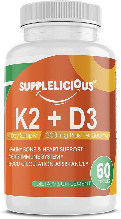 K2 + D3 with Calcium – Bone & Heart Health Supplement – Immune Support, 200mg per Serving, 60 Capsules – Non-GMO, Gluten-free, Made in USA