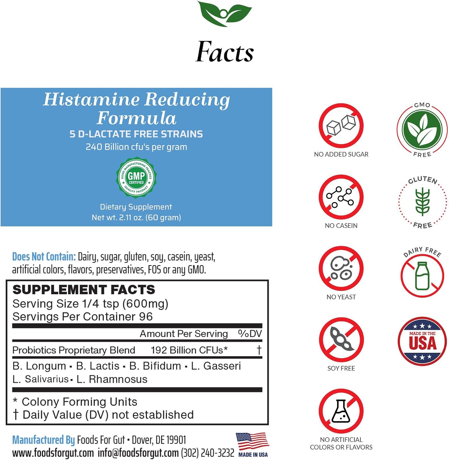 Foods For Gut Histamine & D-Lactate Free Probiotic Powder – 240 Billion CFU, 60 Grammes - görsel 2