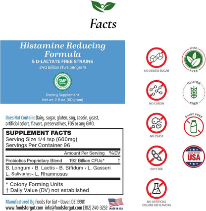 Foods For Gut Histamine & D-Lactate Free Probiotic Powder – 240 Billion CFU, 60 Grammes