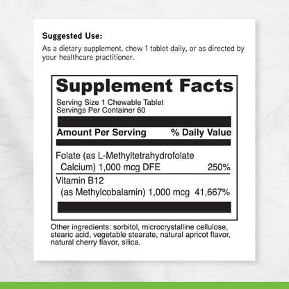 DAVINCI Labs Active Folate B12 Chewable - Food Supplement to Support Heart Health, Healthy Nerves, Immune Function and Energy Production - with Folate and Vitamin B12 - 60 Chewable Tablets