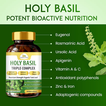 Organic Veda Holy Basil Capsules - Triple Complex Tulsi Leaf Supplement with Black Pepper Extract - Supports Respiratory & Immune Health, Helps Maintain a Balanced Stress Response & Mood - 60 Vegan Capsules
