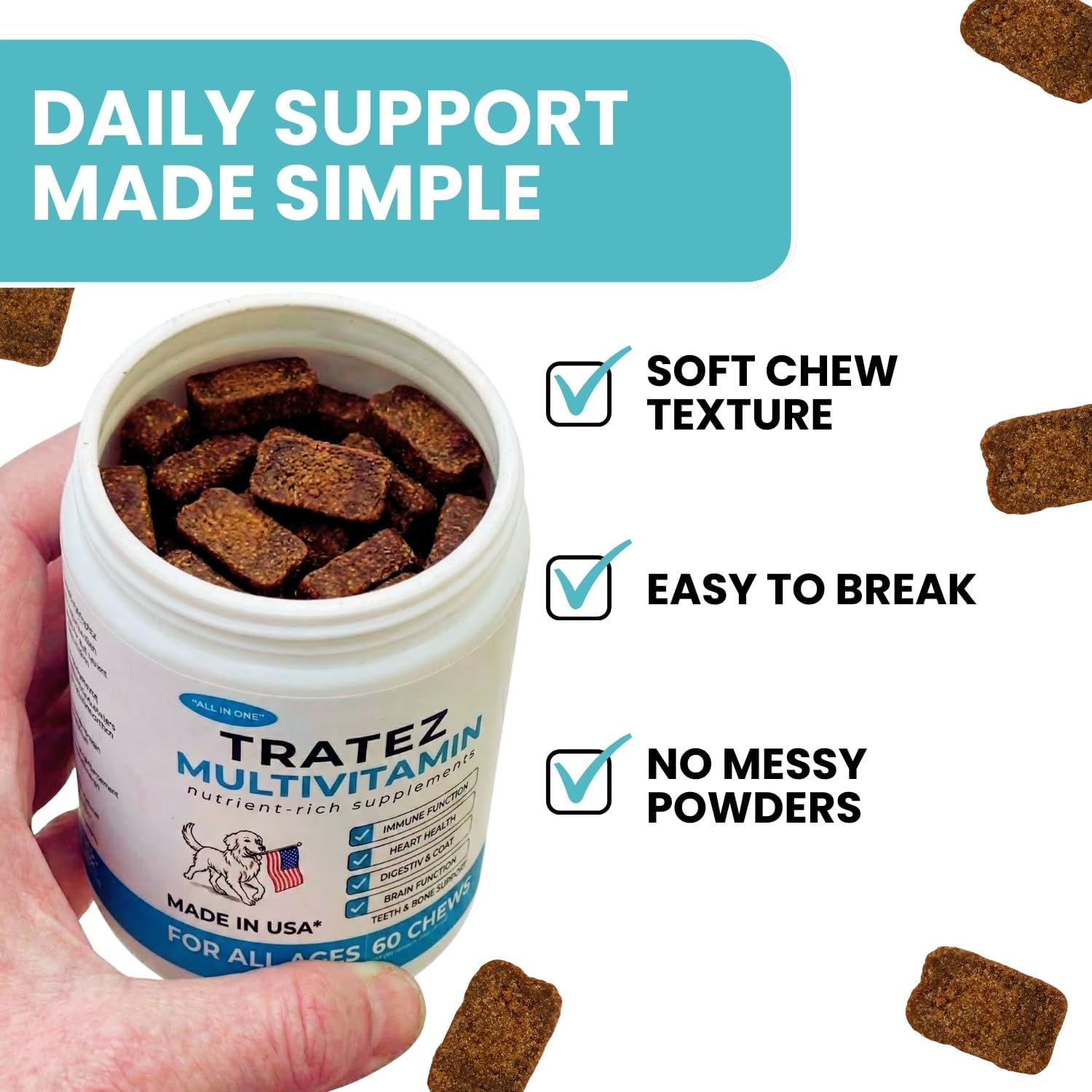 TRATEZ Multivitamin for Dogs - 25-in-1 Daily Soft Chews with Essential Vitamins & Minerals - Immune, Skin, Joint, Heart & Digestive Support - 60 Chews - görsel 6