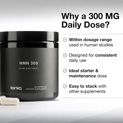 Toniiq Stabilised NMN Capsules - 300mg - 98% Highly Purified - for NAD+ - 60 Capsules
