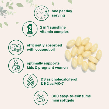 Micro Ingredients Vitamin D3 1,000 IU + K2 MK-7 25 mcg, 300 Soft gel capsules | Virgin Coconut Oil | Bone, Immune & Heart Support
