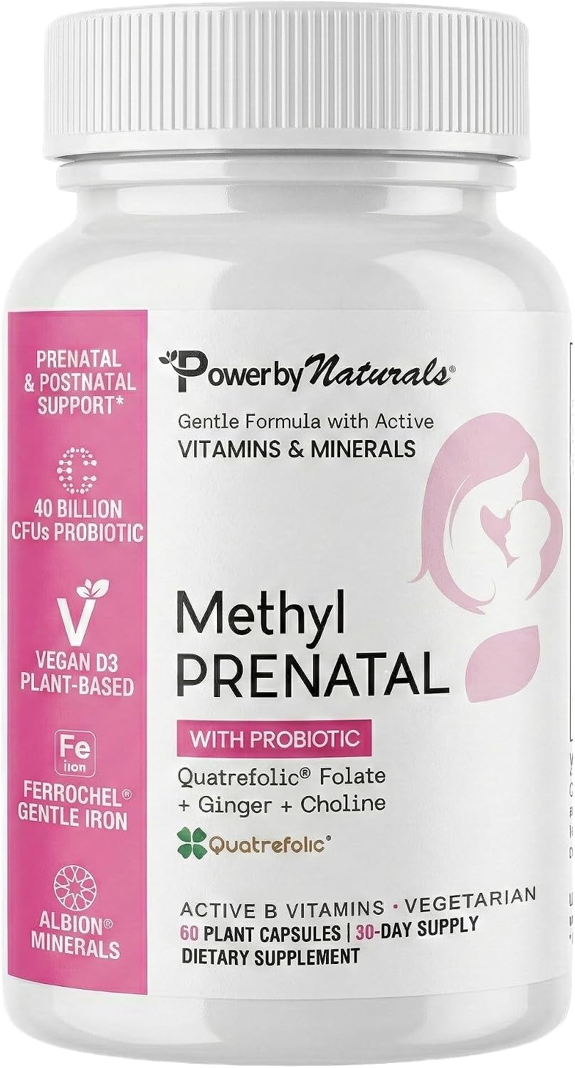 Power By Naturals Methyl Prenatal with Probiotics – Vegan Prenatal Vitamins with Iron, Methyl Folate & B12 – 60 Capsules - görsel 1