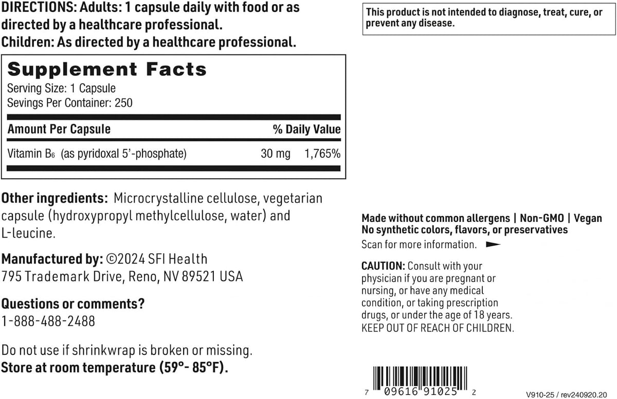 Klaire Labs SFI Health P-5-P – Bioactive Vitamin B6 (Pyridoxal-5-Phosphate) – 30 mg, 250 Vegetarian Capsules - görsel 4