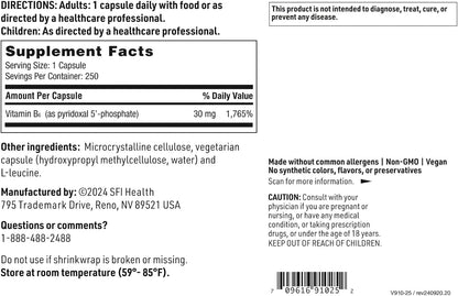 Klaire Labs SFI Health P-5-P – Bioactive Vitamin B6 (Pyridoxal-5-Phosphate) – 30 mg, 250 Vegetarian Capsules