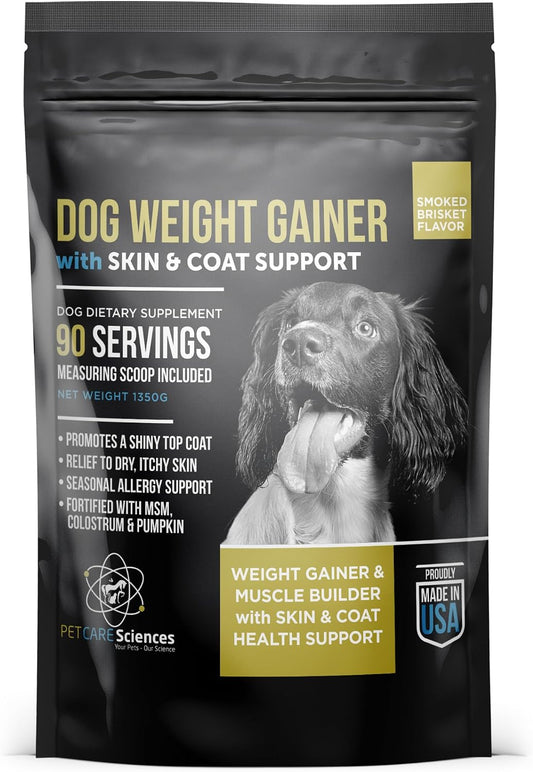 PET CARE Sciences Dog Weight Gainer with Skin & Coat Support - Weight Gain Supplements for Dogs - Canine Muscle Builder - Protein Powder - High Calorie Food Supplement - 90 Servings