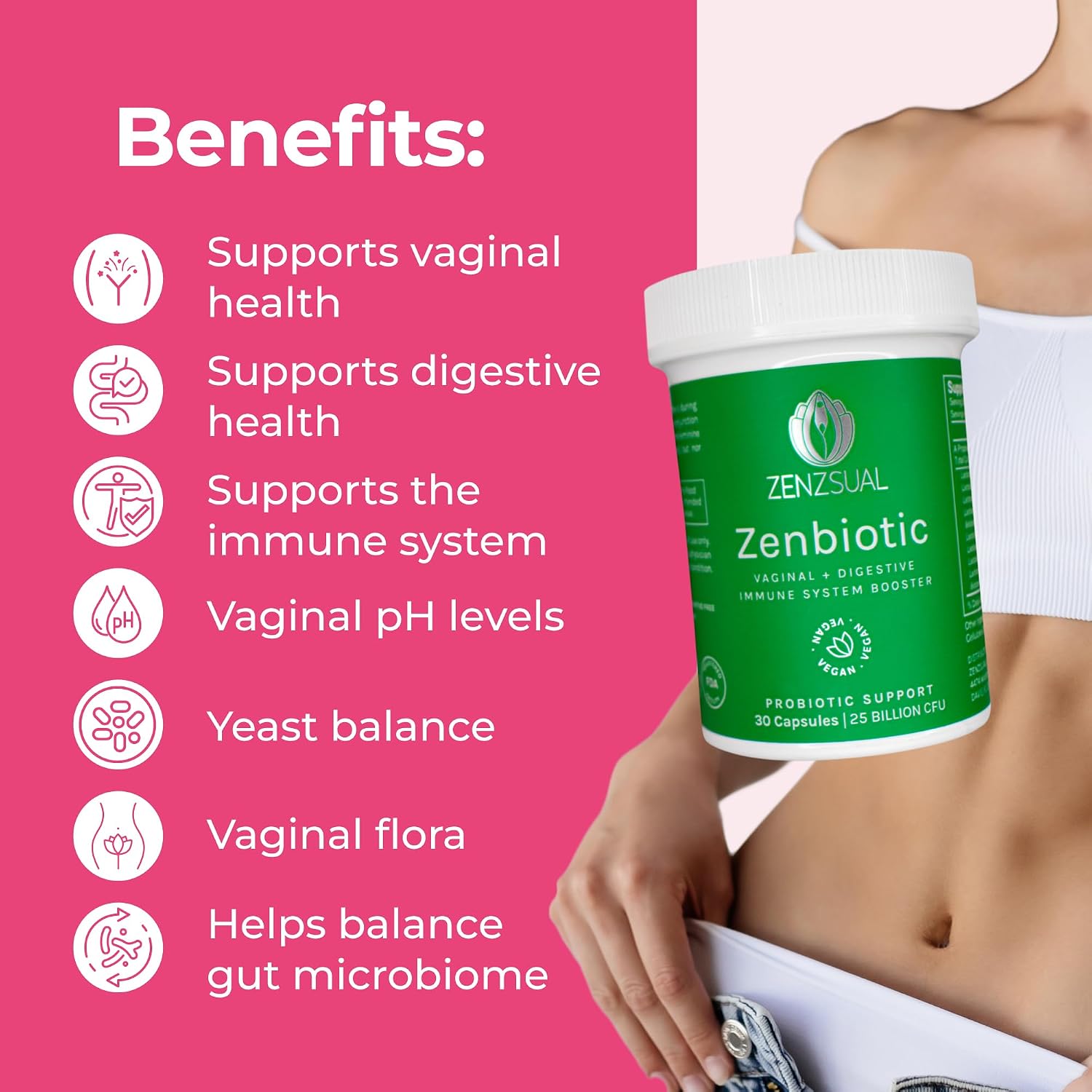 ZENZSUAL Zenbiotic Probiotics for Women – 25 Billion CFU, Intimate Health & pH Balance Support, 30 Vegan Capsules - görsel 4